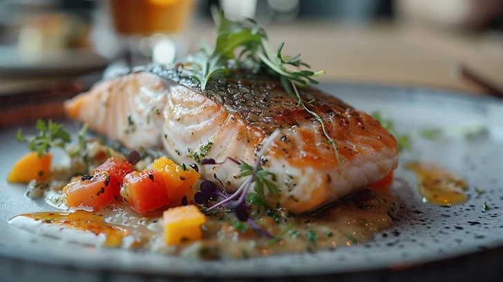 A beautifully prepared plate of grilled salmon, garnished with fresh herbs, next to a side of roasted vegetables.