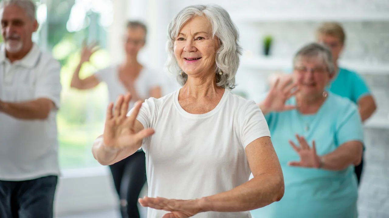 Seniors doing Tai Chi in a peaceful setting.